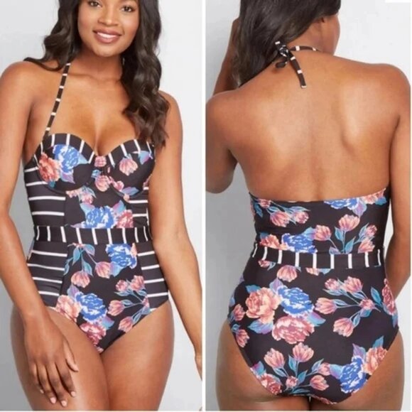 ModCloth Black and White Striped and Floral Print One Piece Bathing Suit Size L - Picture 1 of 6